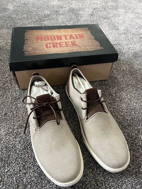 Mountain Creek Men’s Beige Canvas Slip-On Loafers with Brown Accents